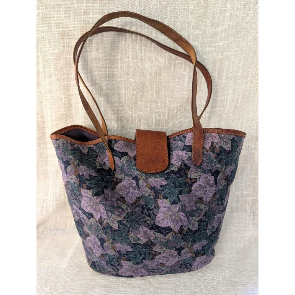 Vintage Laura Ashley Purple Floral Canvas w/ Leather Strap Tote Bag Shoulder Bag